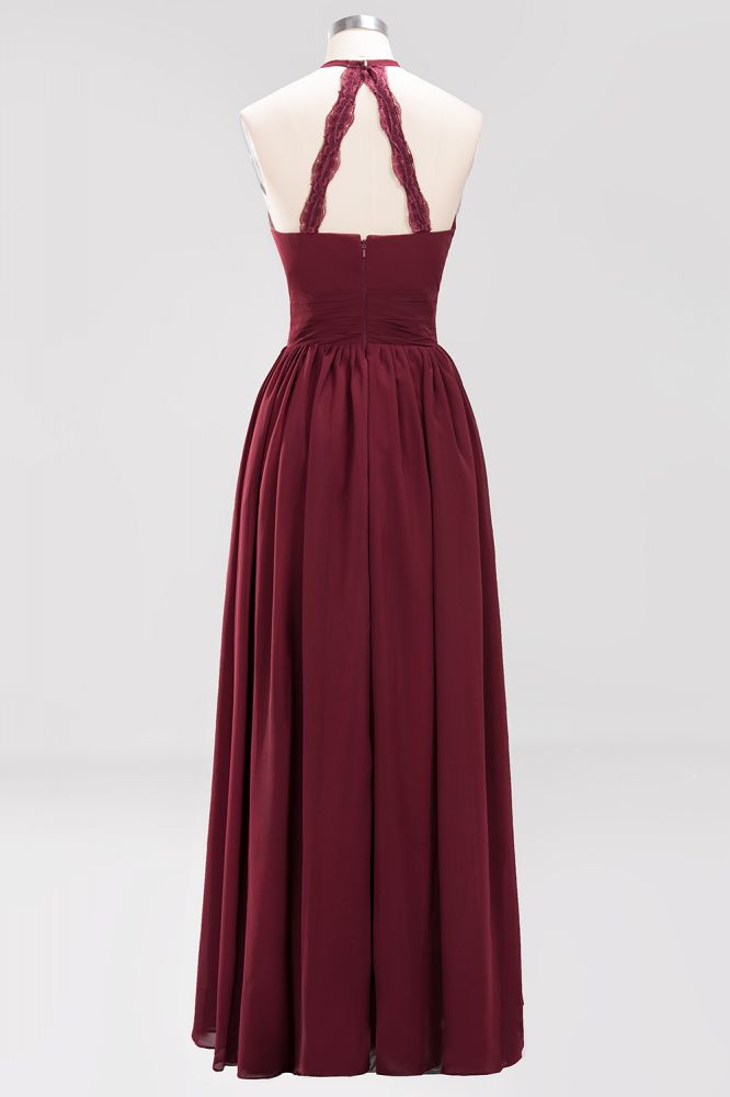 A-line Chiffon Appliques Halter Sleeveless Floor-Length Bridesmaid Dresses with Ruffles
