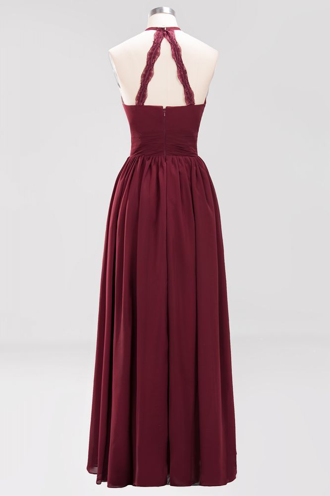 A-line Chiffon Appliques Halter Sleeveless Floor-Length Bridesmaid Dresses with Ruffles