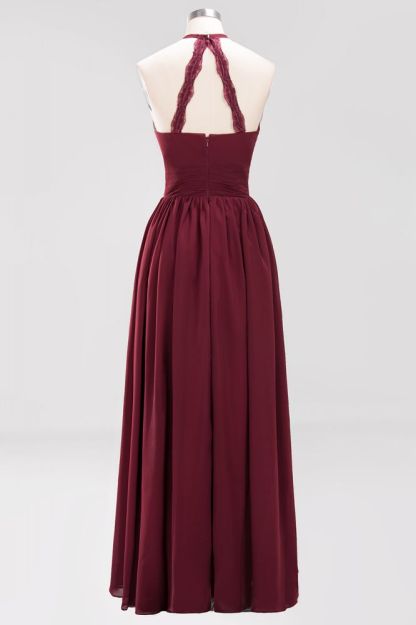 A-line Chiffon Appliques Halter Sleeveless Floor-Length Bridesmaid Dresses with Ruffles