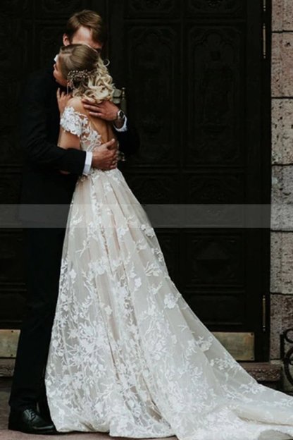 Charming Off Shoulder Floral Lace Bridal Gown Princess White Aline Wedding Dress