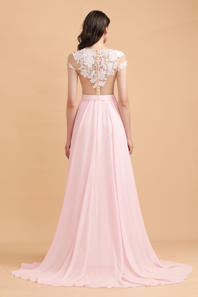 Cap Sleeves Lace Appliques Bridesmaid Dress Pink Chiffon Aline Wedding Party Dress with Side Slit