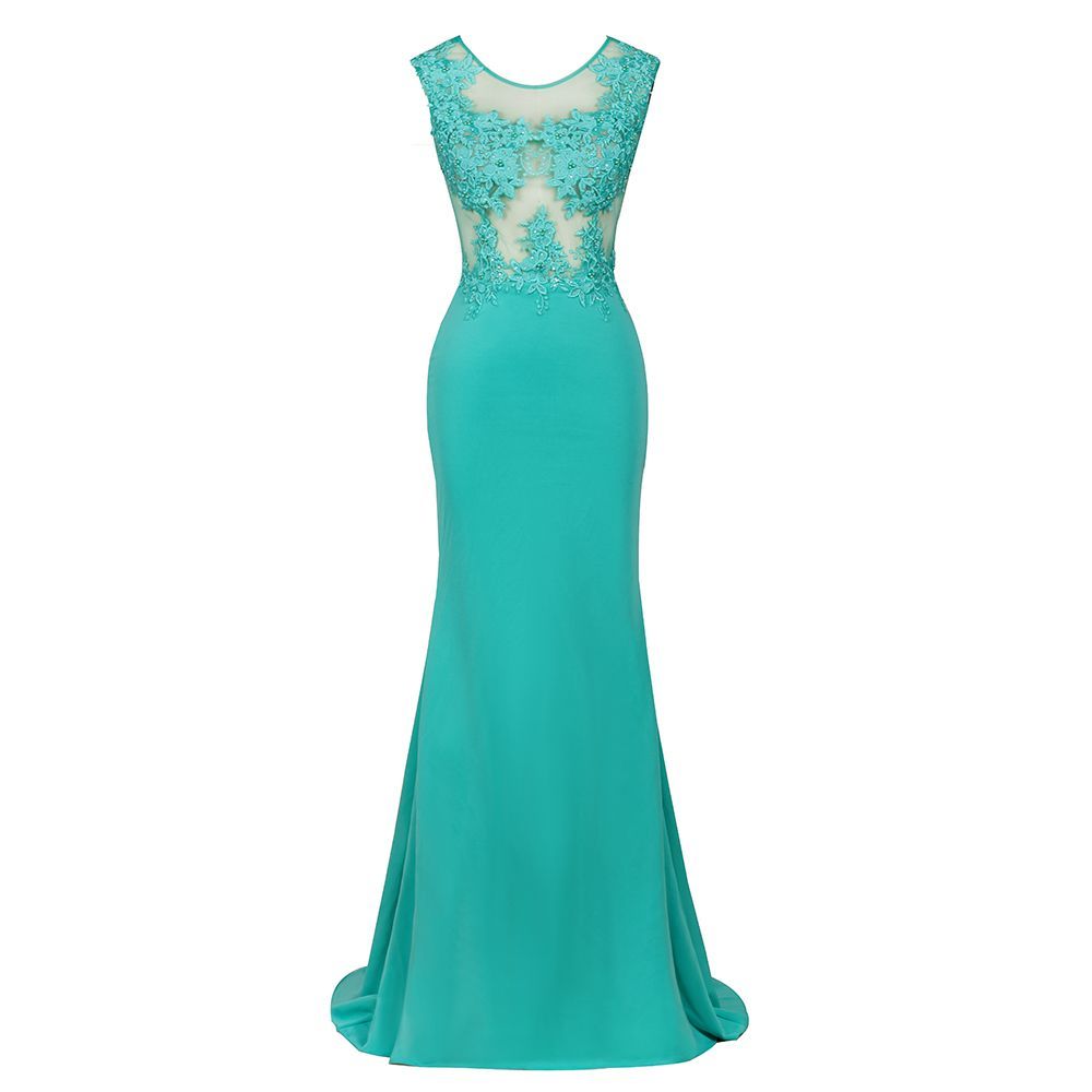 Arrick | Mint Green round neck Cap sleeve Lace appliques Prom Dress
