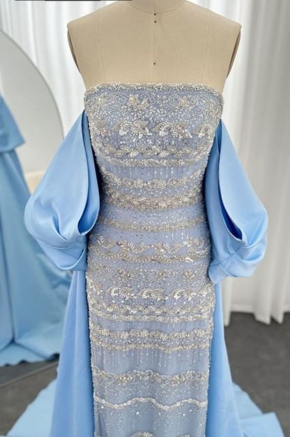 Gorgeous Strapless Glitter Beading Satin Mermaid Evening Gown with Ruffle Chapel Train