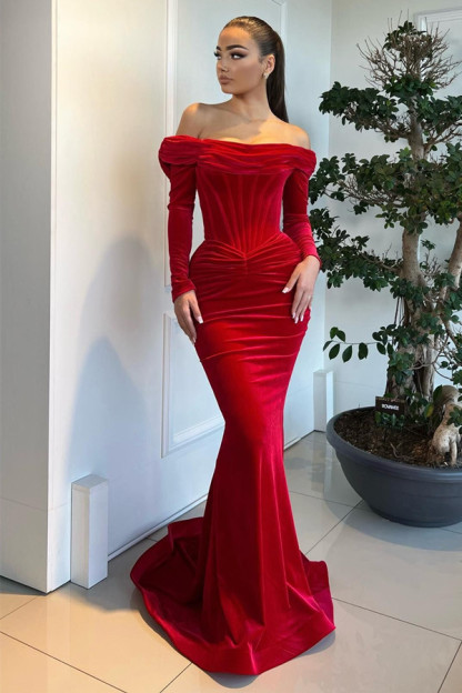 Red Velvet Mermaid Court Train Prom Dresses