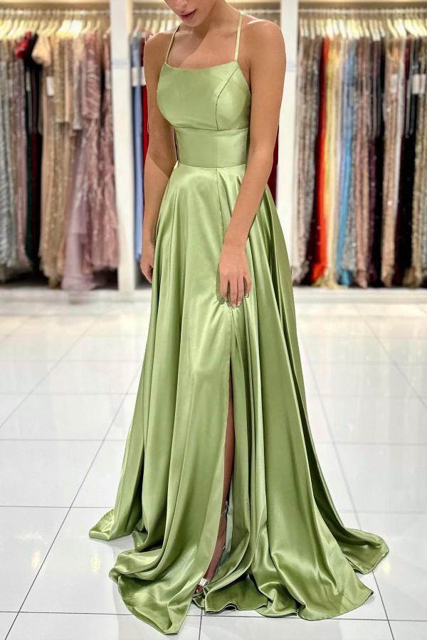 Chic Spaghetti Straps Satin Sage Side Split Long Prom Dress Cross Back Evening Dress