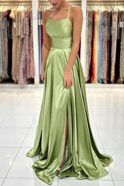 Chic Spaghetti Straps Satin Sage Side Split Long Prom Dress Cross Back Evening Dress