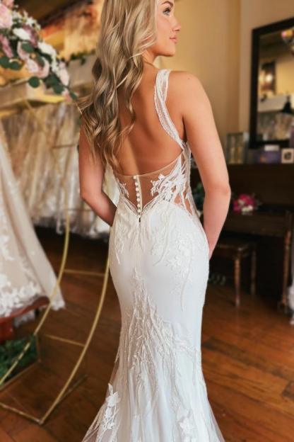 Straps V-neck White Lace Mermaid Wedding Dresses