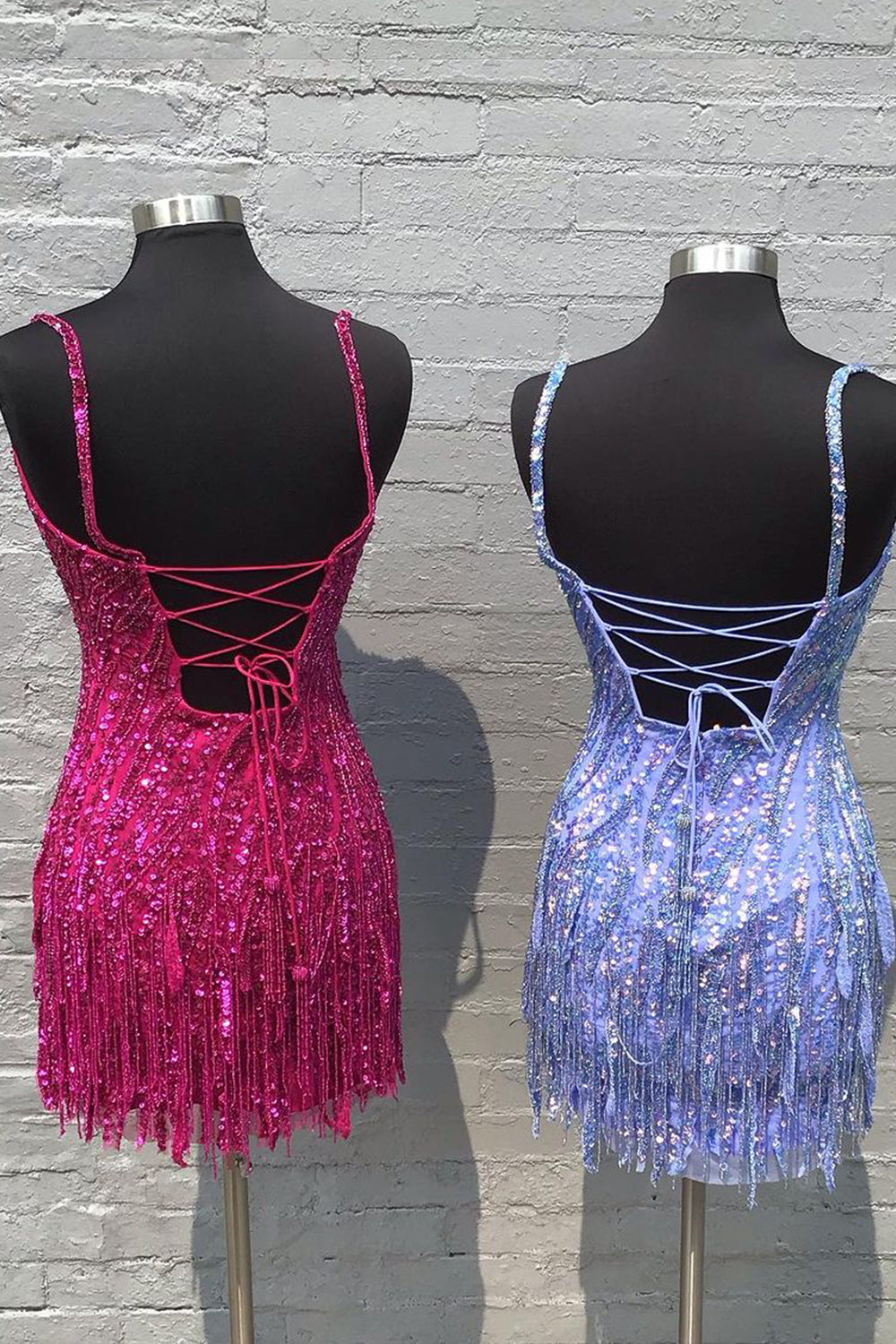 Sparkly Hot Pink Spaghetti Straps Sequins Fringed Tight Short Hoco Dress