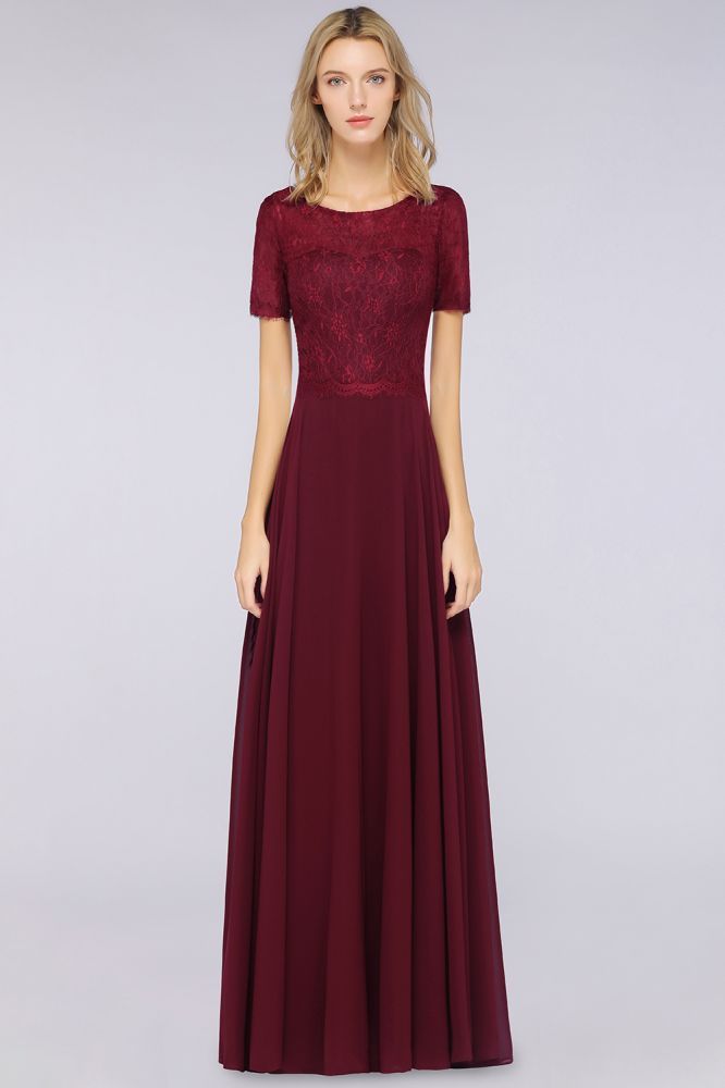 Chiffon A-Line Lace Round-Neck Short-Sleeves Long Bridesmaid Dress