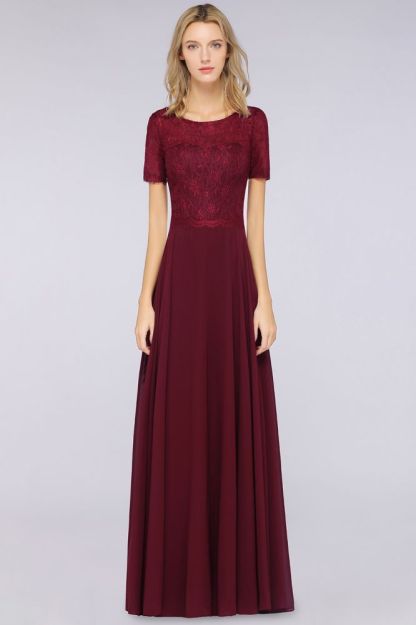 Chiffon A-Line Lace Round-Neck Short-Sleeves Long Bridesmaid Dress