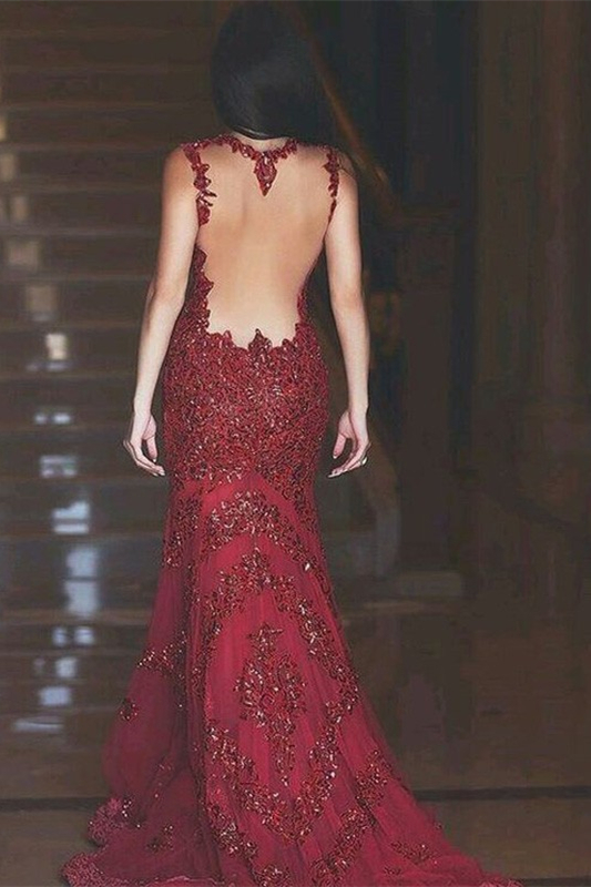 V-neck Appliques Burgundy Mermaid Long Prom Dresses