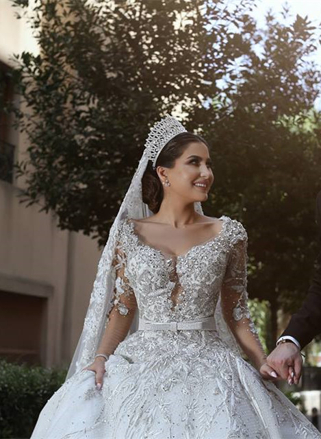Glamorous Long Sleeves Tulle Appliques Wedding Dresses Crystal Bridal Ball Gowns with Bow BA7970