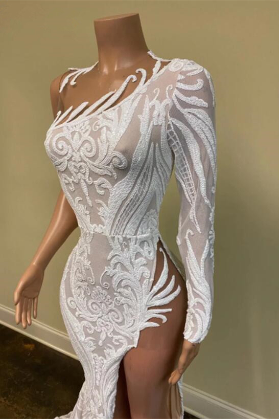 One shoulder Satin White High split Mermaid Prom Dresses
