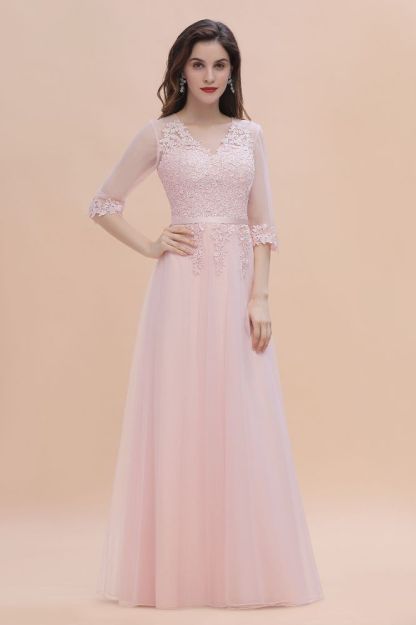 Romantic 3/4 Sleeves Pink Wedding Guest Dress Lace Appliques