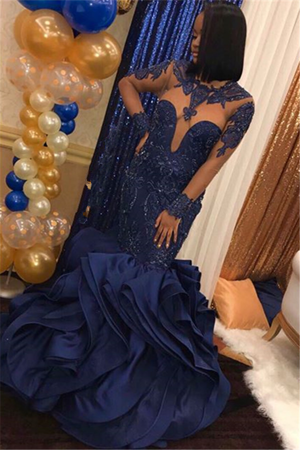 Beads Appliques Ruffles Prom Dresses | Fit and Flare Sheer Tulle Evening Gowns