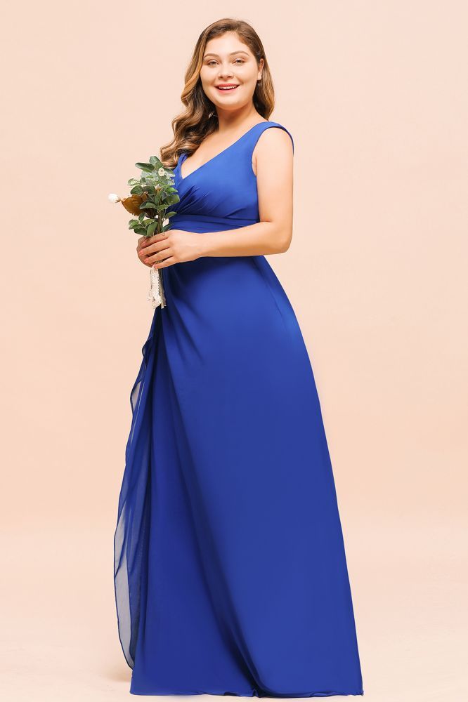 Plus Size V-Neck Ocean Blue V-Neck Aline Evening Dress for Women Long Bridesmaid Dress