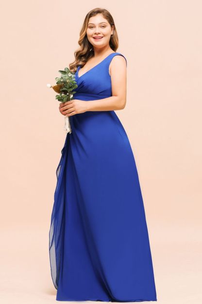 Plus Size V-Neck Ocean Blue V-Neck Aline Evening Dress for Women Long Bridesmaid Dress