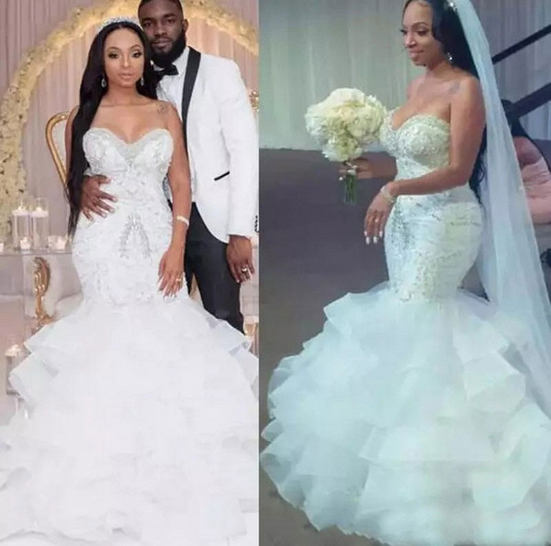 Sweetheart Ruffles Mermaid White Beaded Wedding Dresses