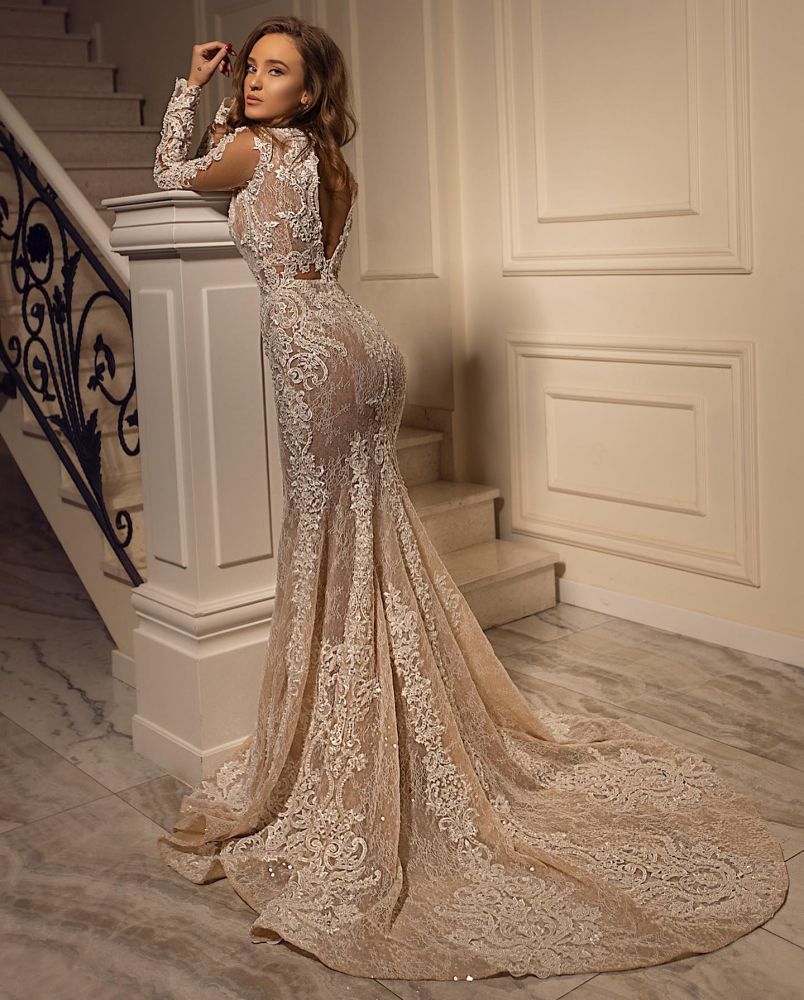Stunning Floral Lace Long Mermaid Wedding Dress Long Sleeves