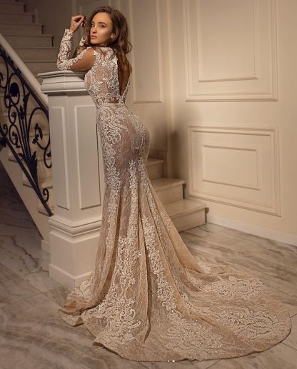 Stunning Floral Lace Long Mermaid Wedding Dress Long Sleeves