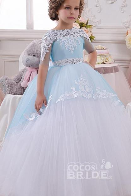 Half Sleeves Princess Tulle Pegant Dress for Kids with White Lace Appliques