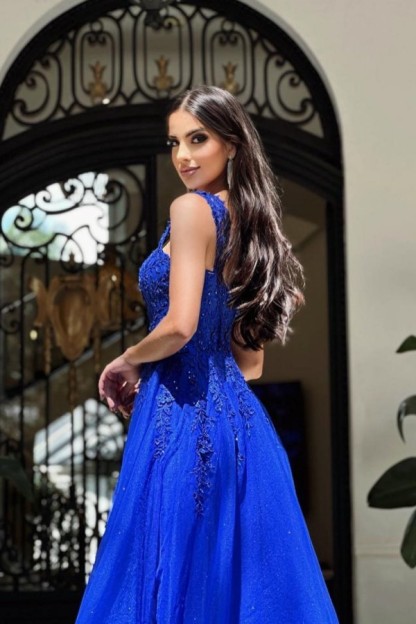 Royal Blue A-Line Straps Sleeveless Tiered Prom Dress with Appliques
