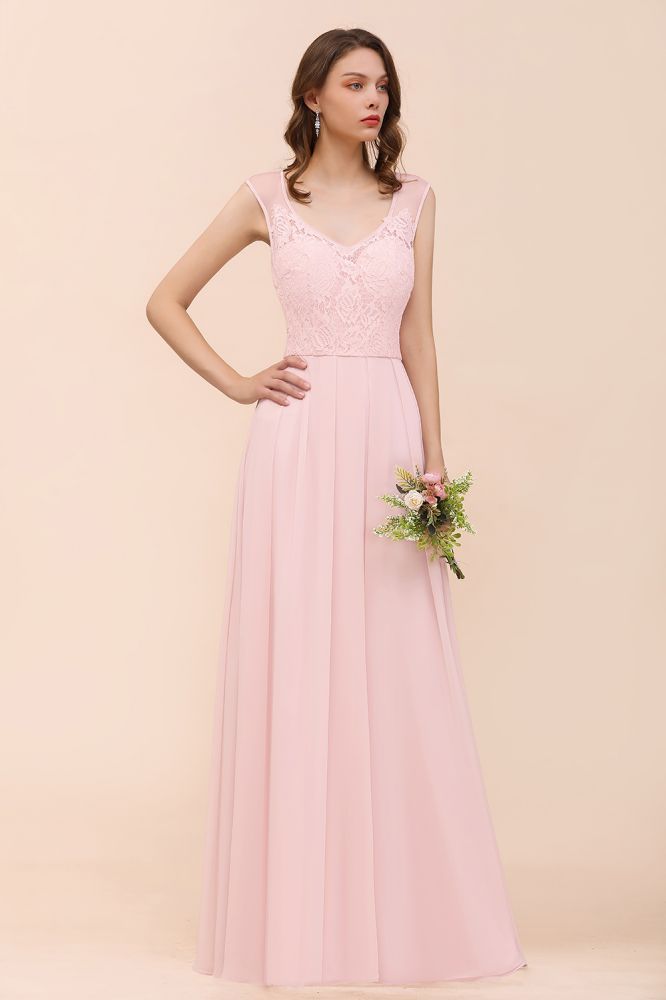 Romantic Sleeveless Lace Chiffon Wedding Guest Dress V-Neck Bridesmaid Dress
