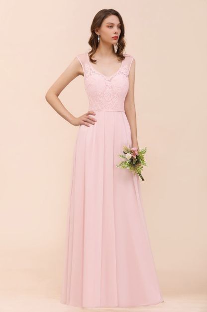 Romantic Sleeveless Lace Chiffon Wedding Guest Dress V-Neck Bridesmaid Dress