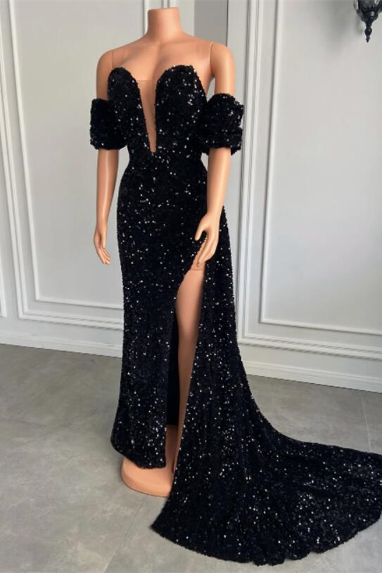 Off the shoulder Black Mermaid High Split Prom Dresses