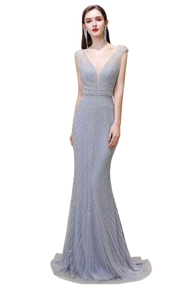 Sexy Mermaid V-neck Silver Mermaid Prom Dress