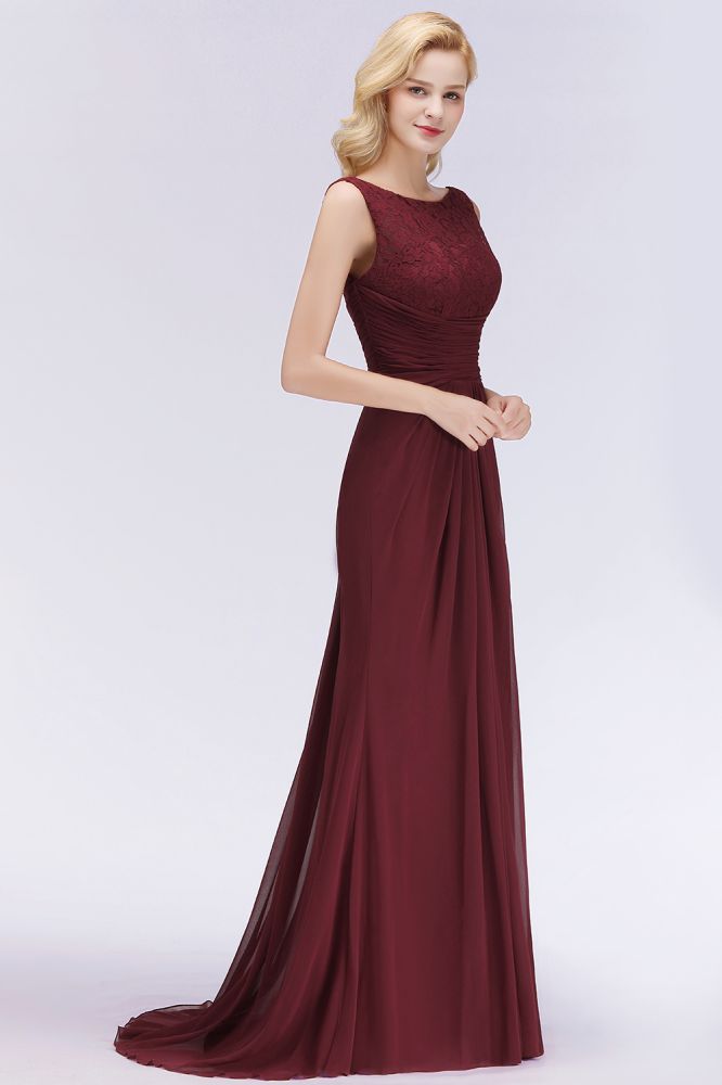 Elegant A-Line Burgundy Chiffon Lace Scoop Sleeveless Ruffles Floor-Length Bridesmaid Dresses