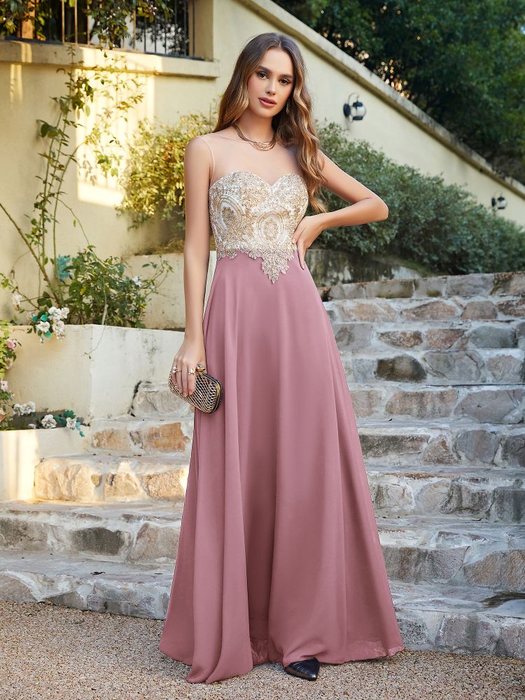 Sleeveless Lace Appliques Long Prom Dresses Chiffon Evening Party Gown