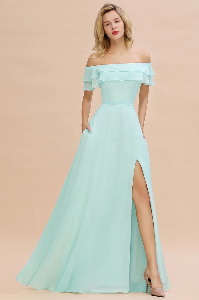 High Quality Off-the-Shoulder Front-Slit Mint Green Bridesmaid Dress