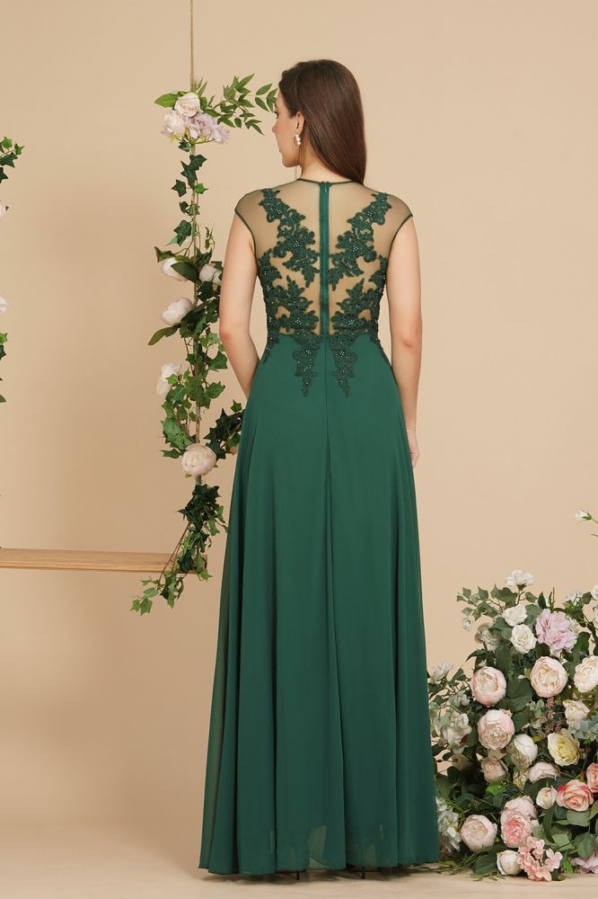 Dark Green Illusion neck A-line Chiffon Evening Dress