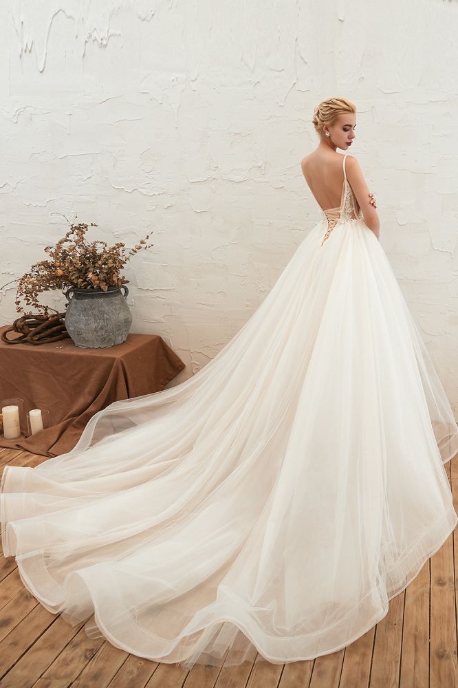 Boho Spaghetti Straps Ivory Ball Gown Wedding Dress | Romantic Bridal Gowns for Sale