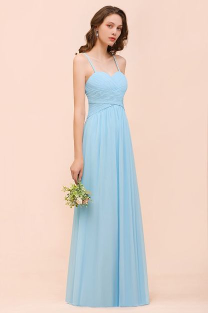 Sky Blue Sweetheart Chiffon Long Bridesmaid Dress Aline Wedding Party Dress with Straps