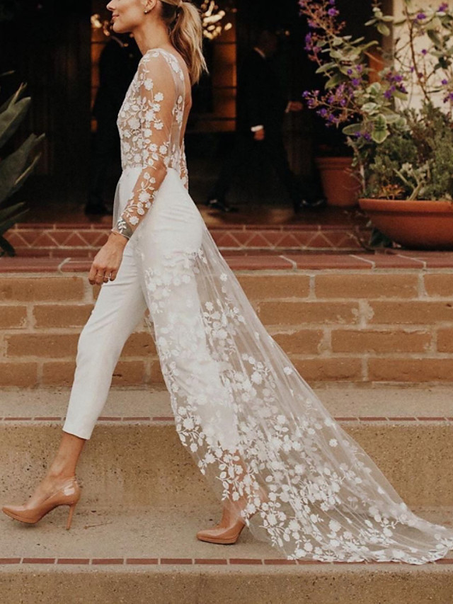Jumpsuits A-Line Wedding Dresses Jewel Neck Sweep \ Brush Train Lace Satin Long Sleeve Sexy See-Through Modern-Babyonlinewholesale