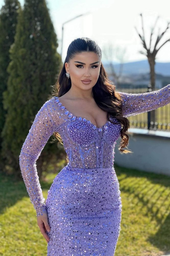 Lilac Long sleeves Mermaid Train Sweetheart Prom Dresses