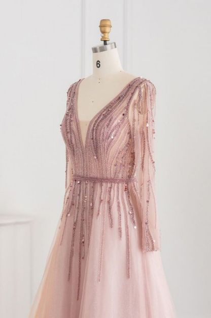 Elegant Sequins Beading A-line Eveing Party Dress V-neck Long Sleeves Tulle Party Gown