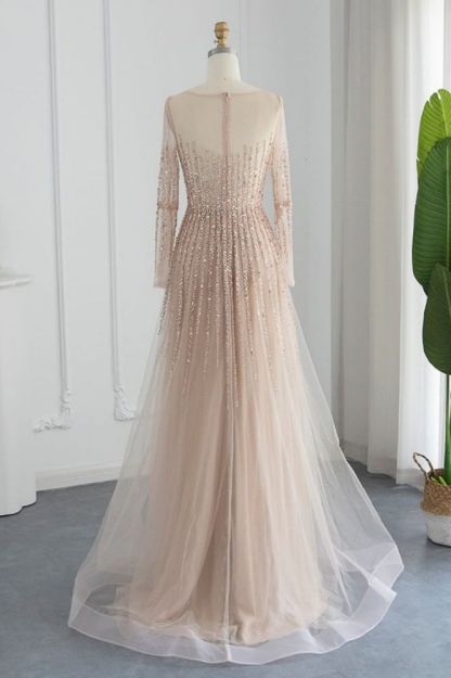 Amazing Jewel Sequins Long Sleeves Evening Dress Tulle Aline Formal Dresses