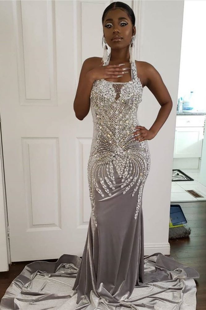 Halter Sparkle Crystal Sliver Prom Dresses | Fit and Flare Alluring Backless Evening Gowns