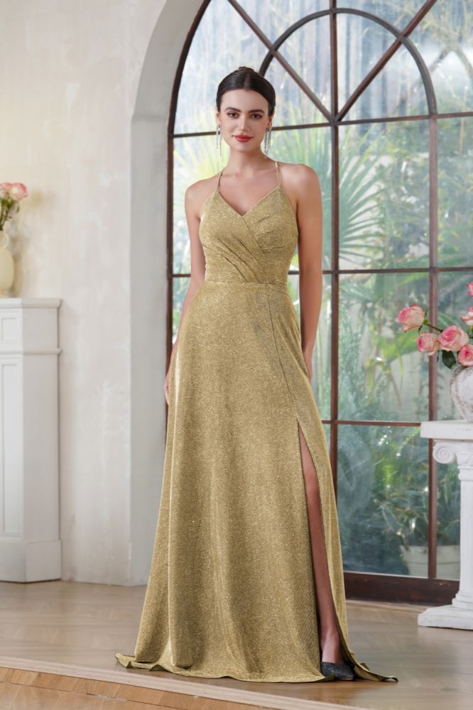 Halter Sparkly Sequins Floor Length Evening Dress V-neck Side Split Party Dresses with Pockets