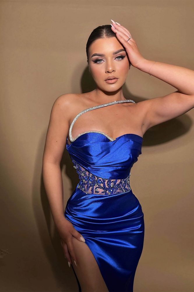 Sweetheart Royal Blue Satin Mermaid High Split Prom Dresses