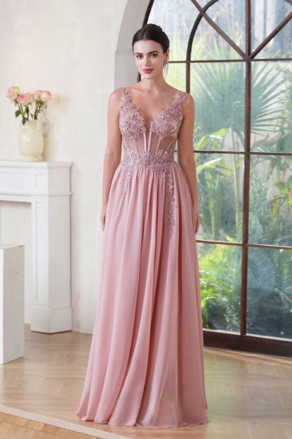 A-line Navy Blue Evening Dress Sleeveless Chiffon Lace Prom Dress with Appliques