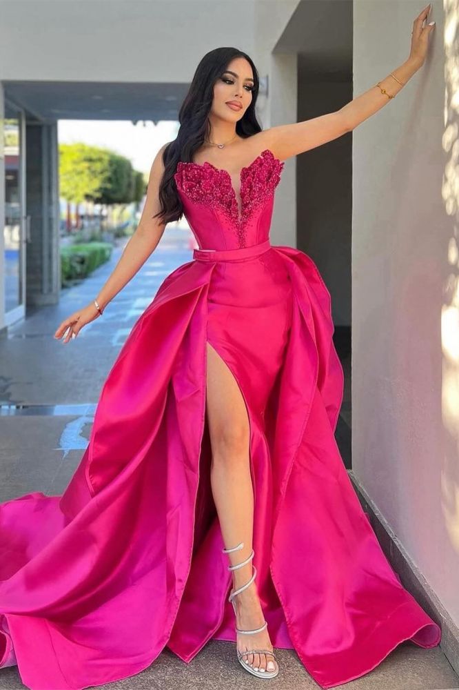 Sweetheart Ruffles Mermaid Hot Pink Overskirt Prom Dresses