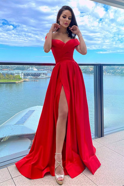 V-neck High Split A-line Red Prom Dresses