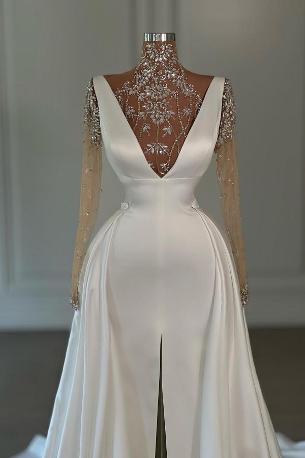 V-neck White Mermaid Court Train Prom Dresses