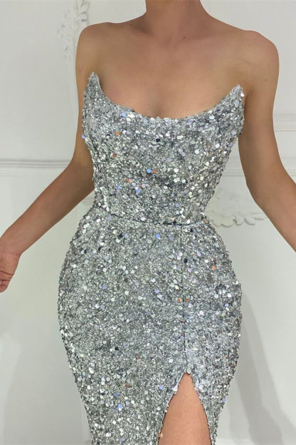 Sliver Strapless Sequin Mermaid High Split Prom Dresses