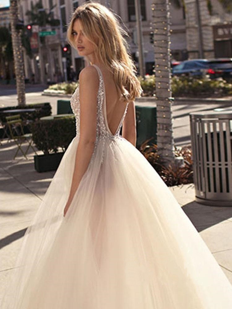 Champange A-line Tulle Boho Summer Wedding Dresses