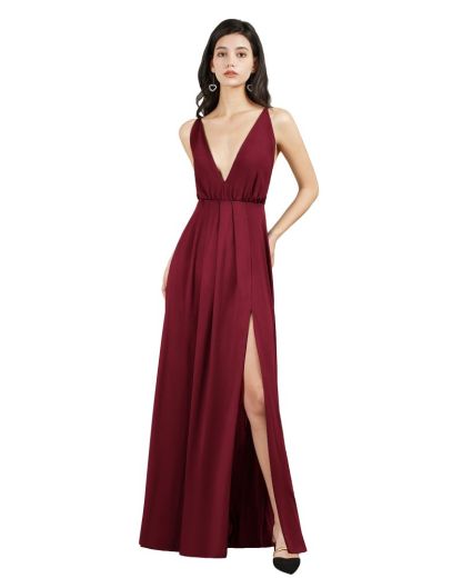 Sexy Plunging V-neck Criss-cross Back High split Spandex Prom Dresses